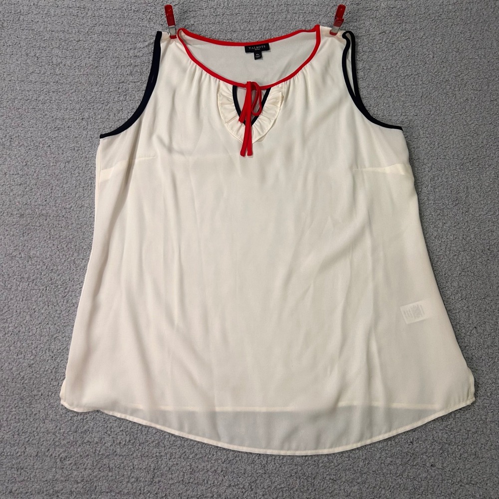 Talbots Sleeveless Blouse Ruffle‎ Tie Neck MP Ivory Nautical Preppy Patriotic